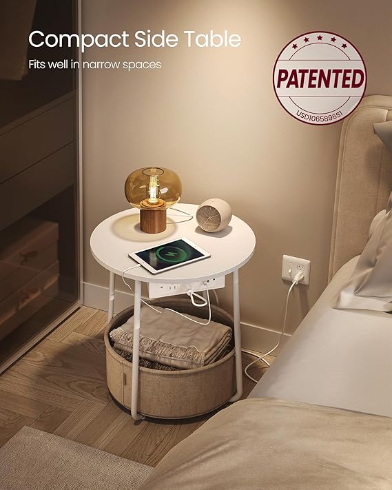 Side Table with Charging Station, Round End Table with Fabric Basket, Nightstand, USB Ports - Image 3
