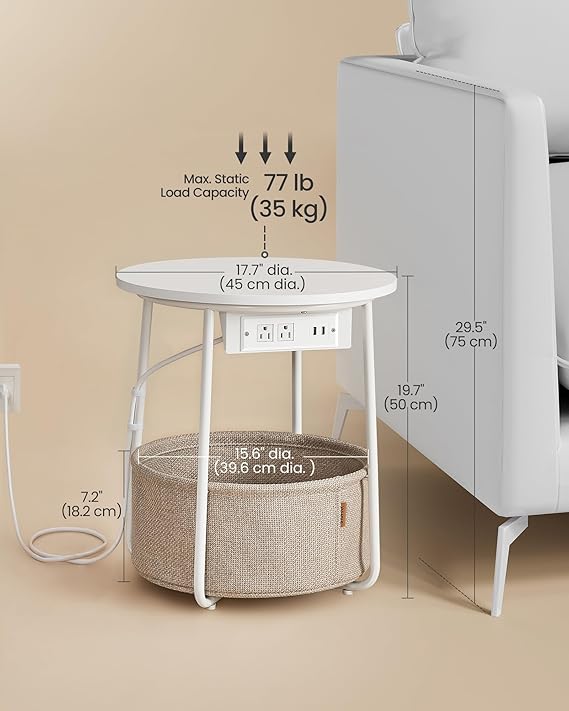 Side Table with Charging Station, Round End Table with Fabric Basket, Nightstand, USB Ports - Image 5