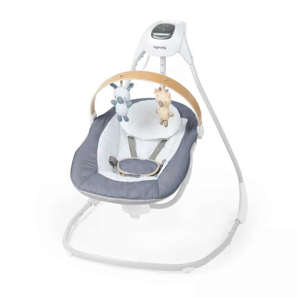 Simple Comfort Compact Baby Swing with Wood Toy Bar - Chambray
