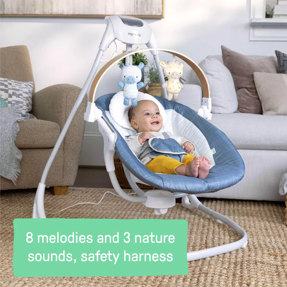 Simple Comfort Compact Baby Swing with Wood Toy Bar - Chambray - Image 2