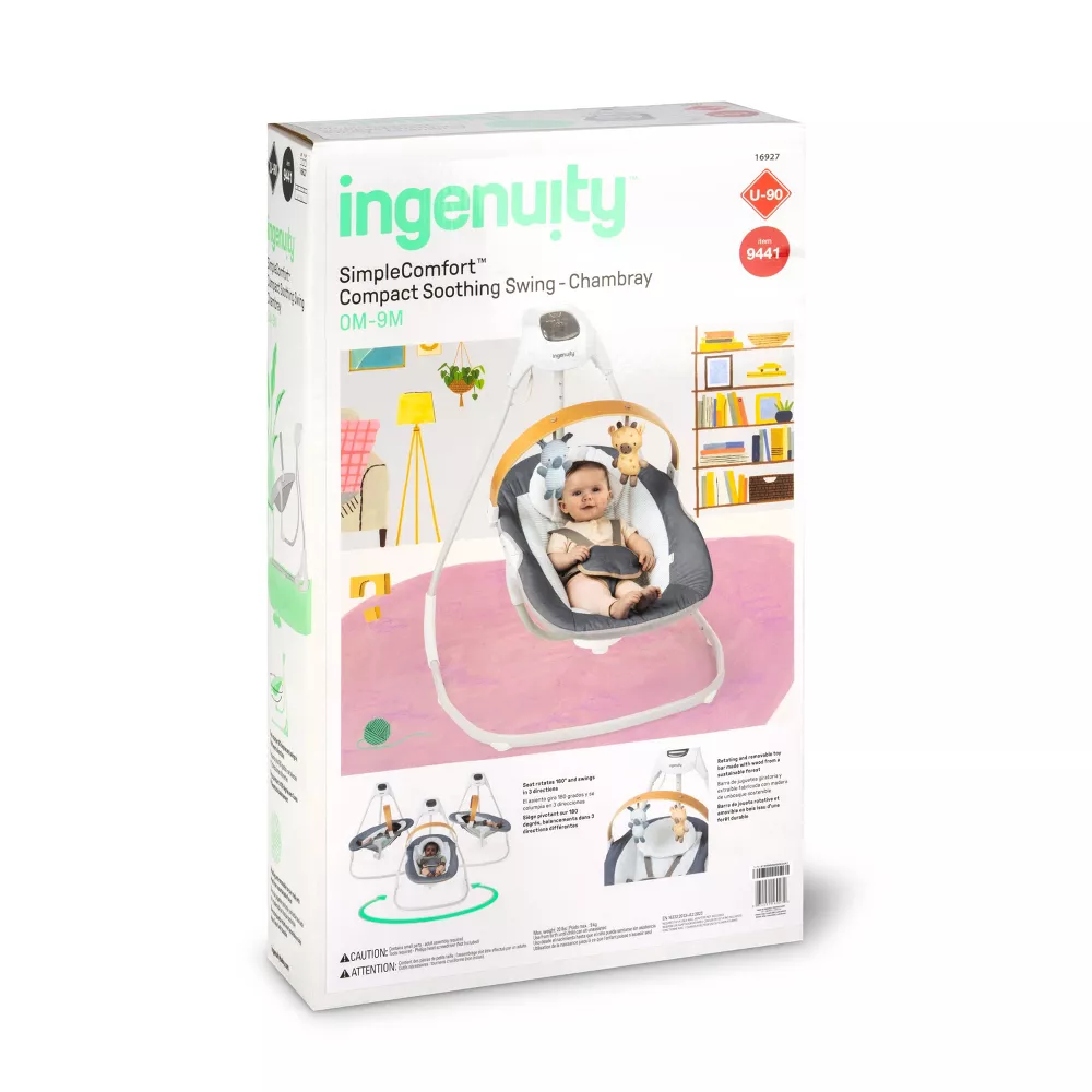 Simple Comfort Compact Baby Swing with Wood Toy Bar - Chambray - Image 5