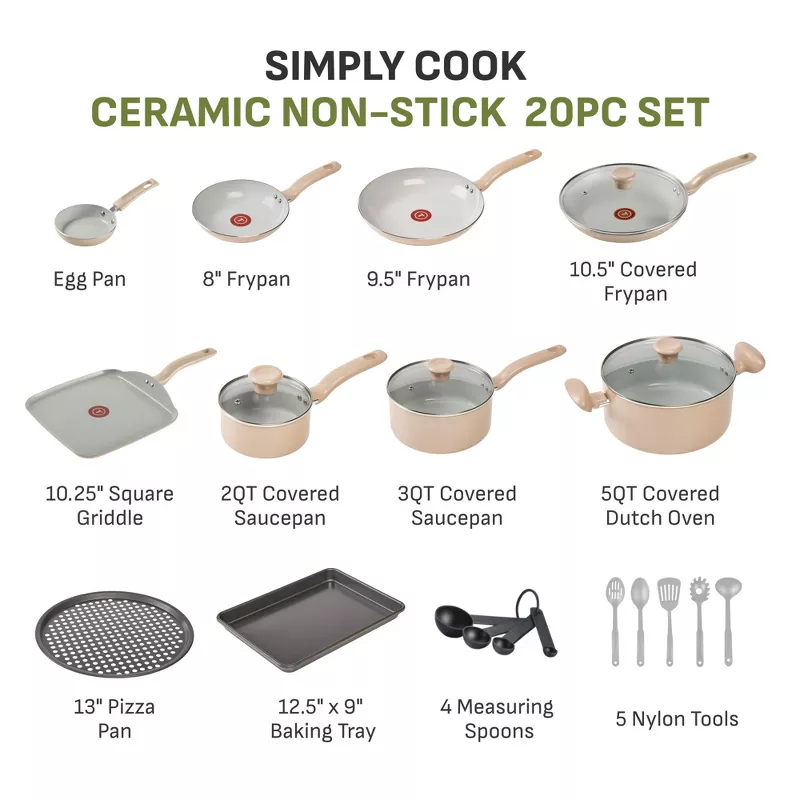 20pc Ceramic Nonstick Cookware Set Beige - Image 4