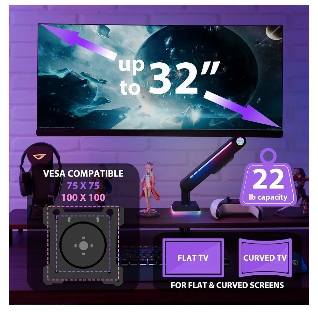 Single Monitor Mount Built-in RGB Lights Adjustable Monitor Arm with LED - Image 2