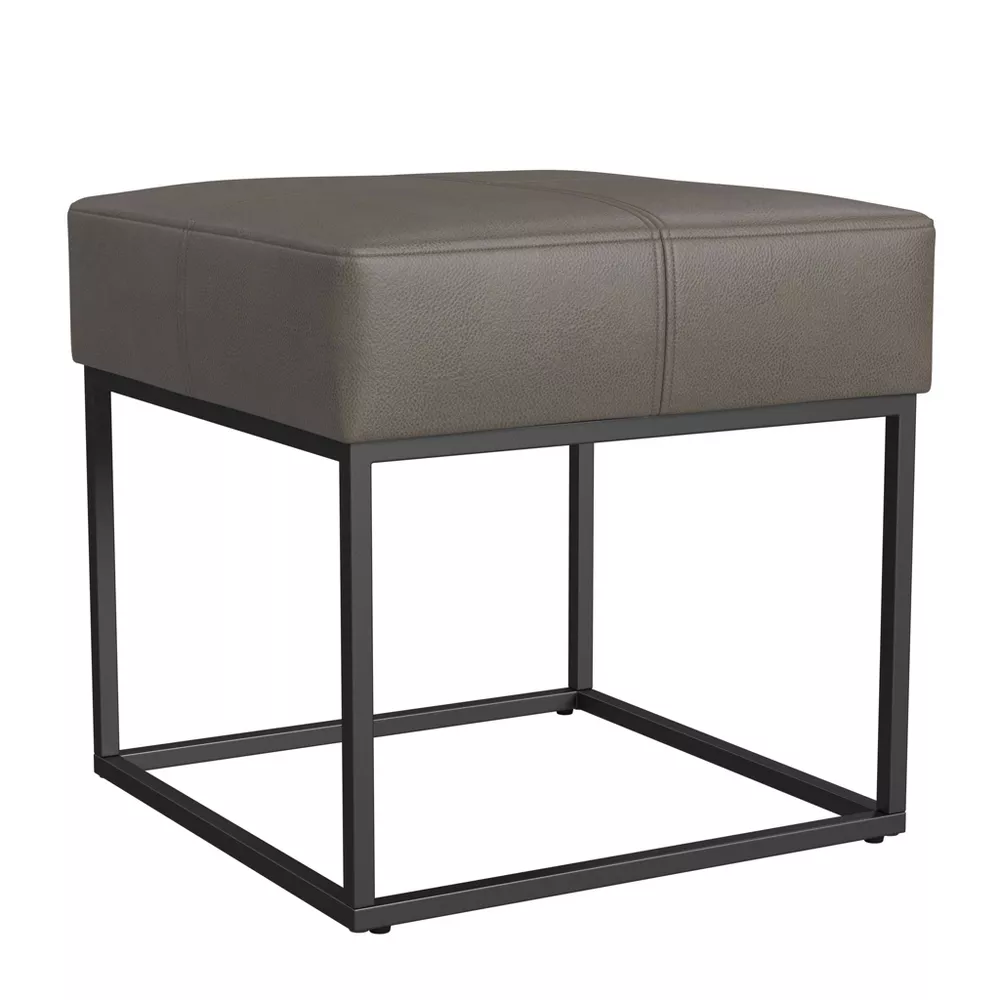 Small Square Metal Faux Leather Ottoman Pewter Gray