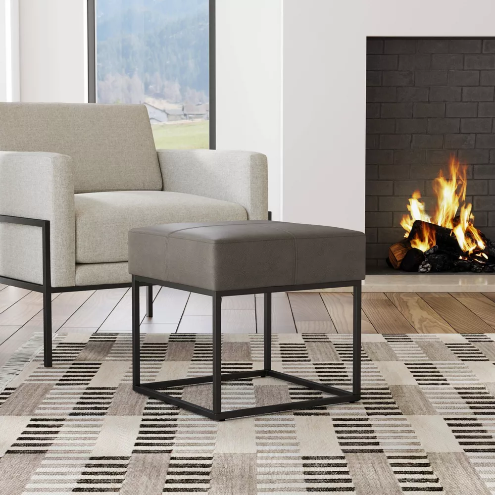 Small Square Metal Faux Leather Ottoman Pewter Gray - Image 3