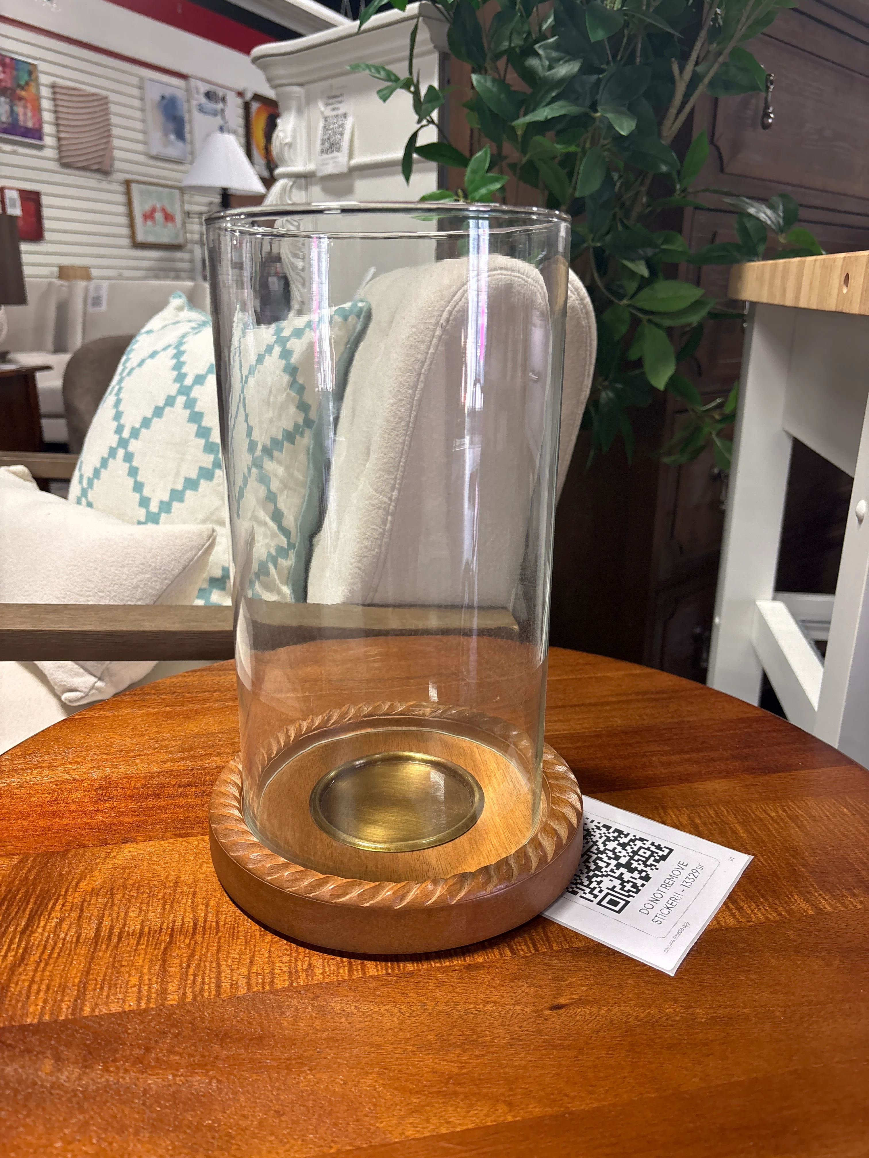 Small Wood and Glass Hurricane Candle Holder Tan SHOWROOM ITEM - Image 2
