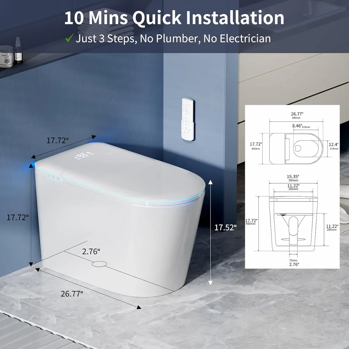 Smart Toilet With Bidet, Heated Seat And Night Light, Modern Tankless Toilet With Uv - Image 5