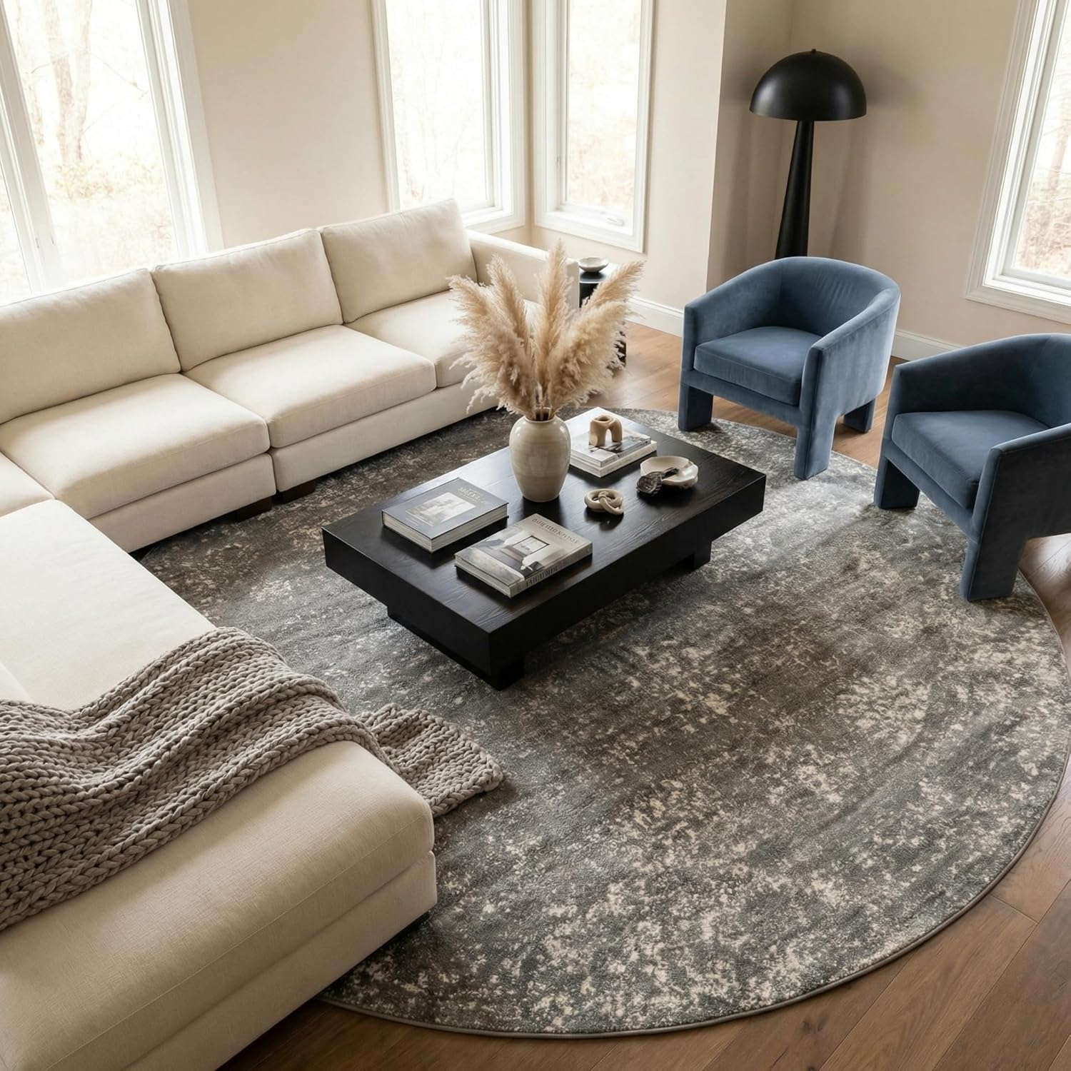 Sofia Collection Area Rug - Casino 7' 1" Round, Dark Gray/ Ivory - Image 4