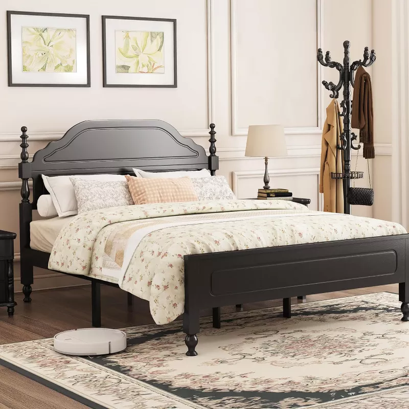 Solid Queen Wooden Platform Bed Frame with Headboard & Under Storage