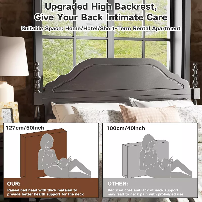Solid Queen Wooden Platform Bed Frame with Headboard & Under Storage - Image 3