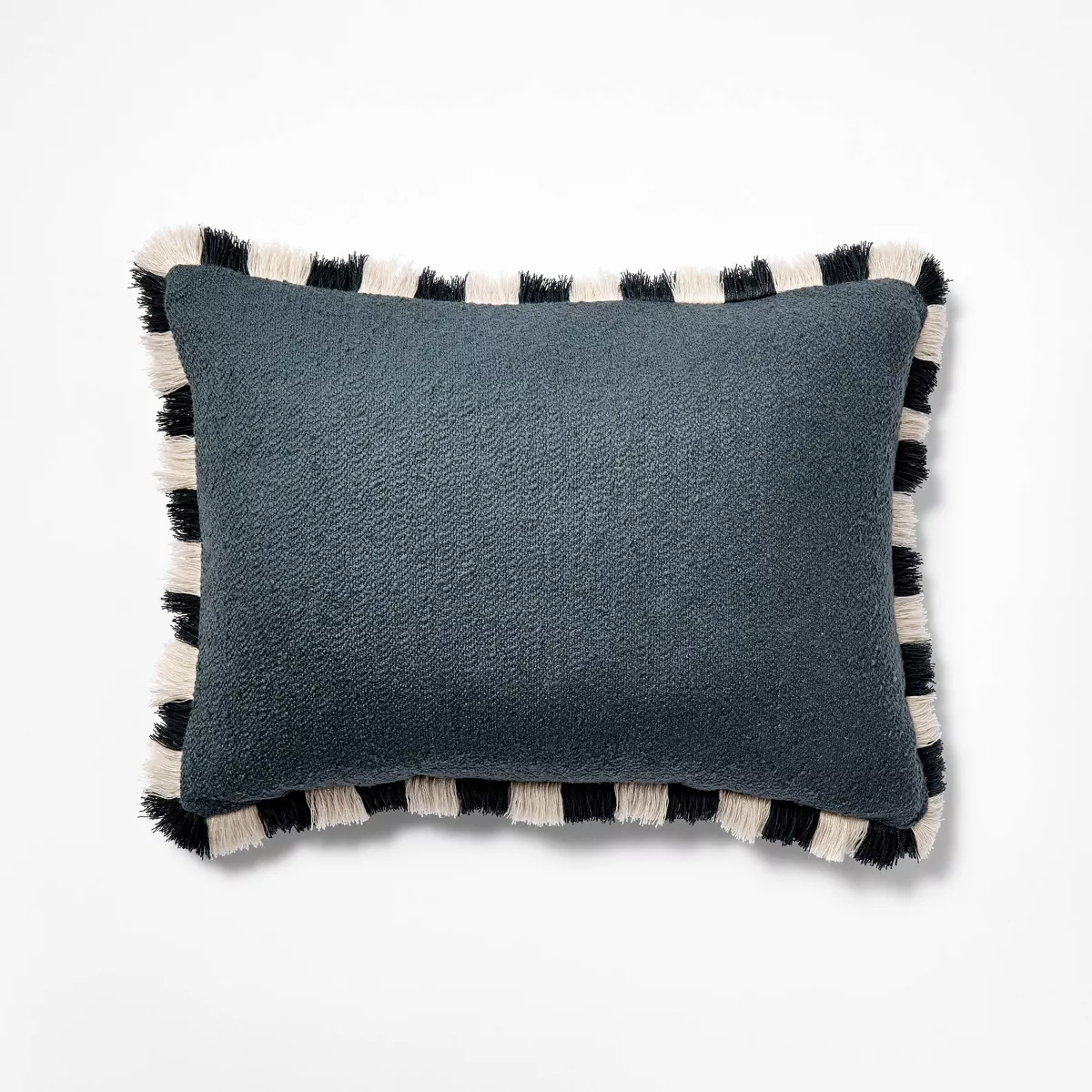 Solid Texture Lumbar Throw Pillow with Stripe Fringe SHOWROOM ITEM