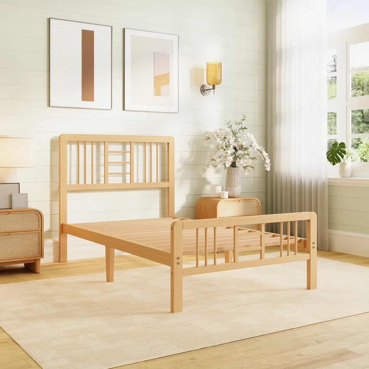Solid Wood and Metal Iron Modern Bamboo Bed Frame with Headboard - Twin