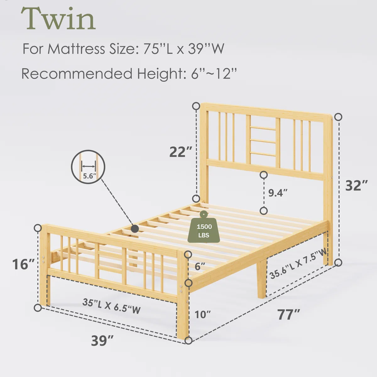 Solid Wood and Metal Iron Modern Bamboo Bed Frame with Headboard - Twin - Image 5