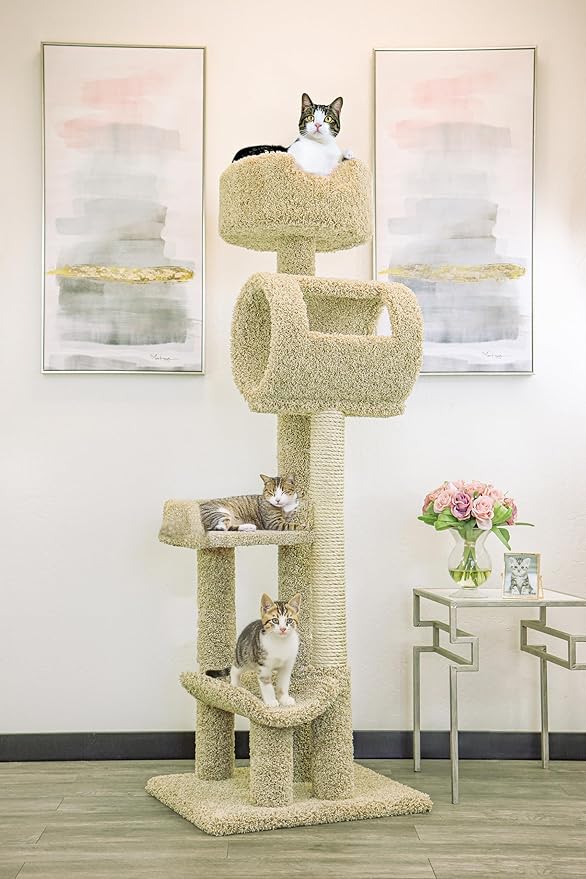 Solid Wood Cat Climbing Tower Cat Tree, Beige