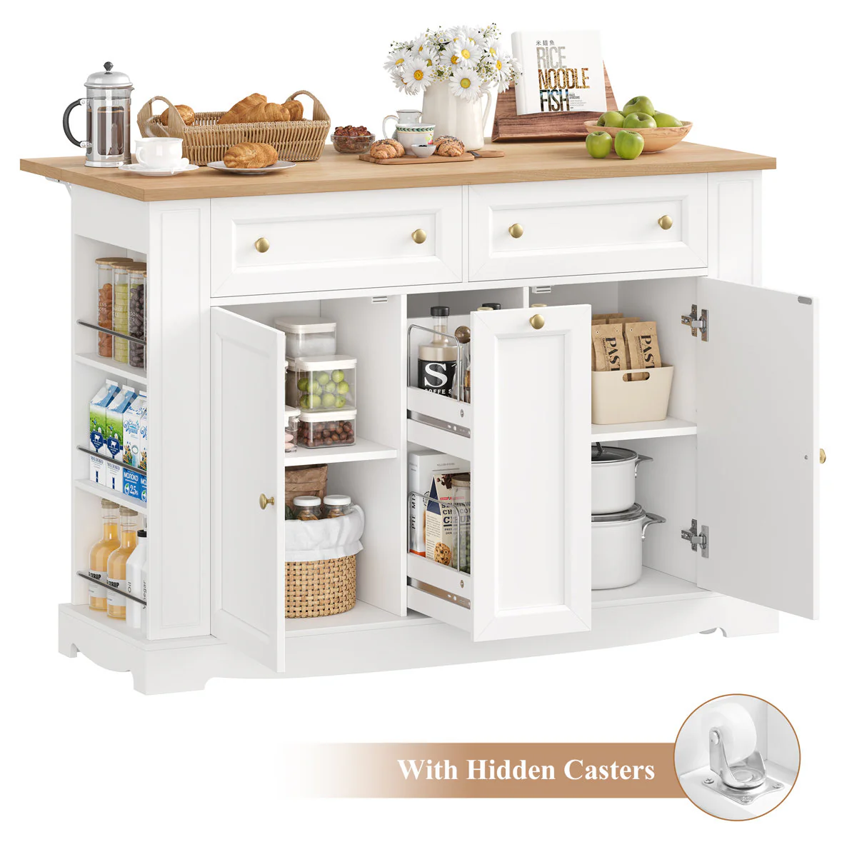Rolling Solid Wood Kitchen Island with Drop Leaf, Storage Cart - Image 6