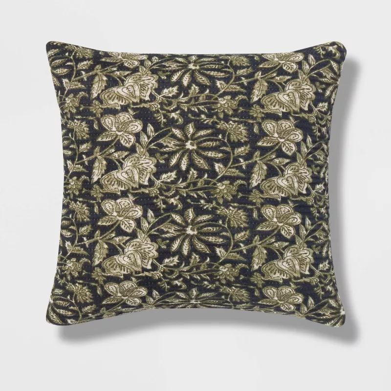 Square Double Cloth Printed Decorative Throw Pillow Navy/Green/Cream SHOWROOM ITEM
