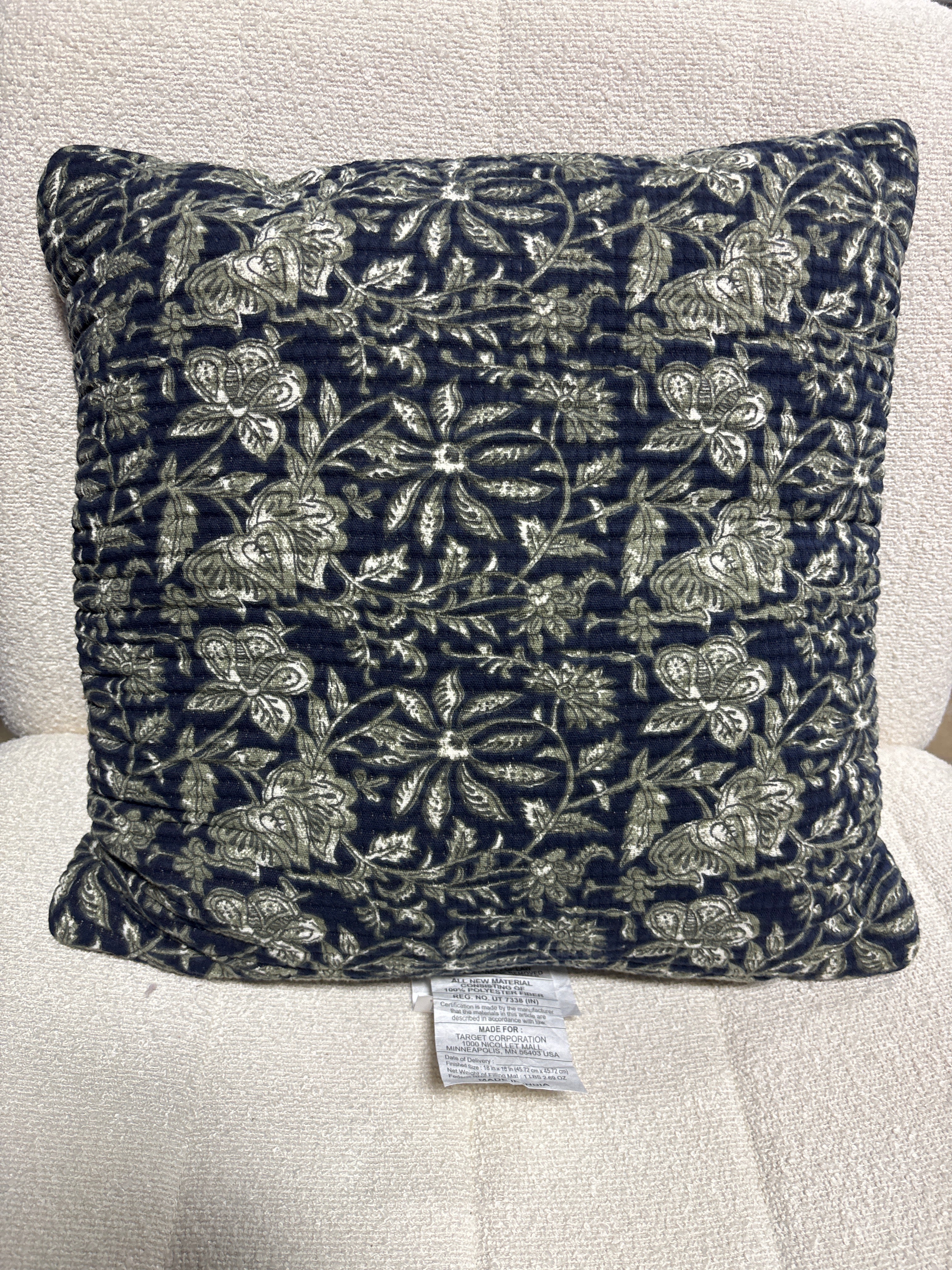 Square Double Cloth Printed Decorative Throw Pillow Navy/Green/Cream SHOWROOM ITEM - Image 2