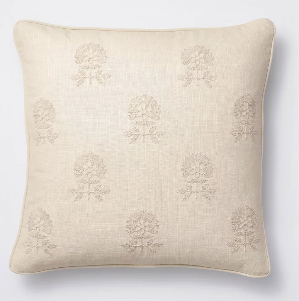 Square Embroidered Floral Decorative Throw Pillow Light Beige - Threshold™ designed with Studio McGee: Cotton Weave, Indoor Use, Hidden Zipper SHOWROOM ITEM