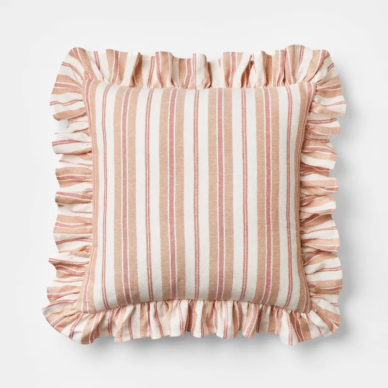 Square Woven Stripe Throw Pillow with Ruffle Rose/Ivory SHOWROOM ITEM