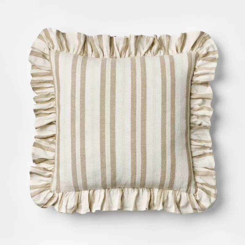 Square Woven Stripe Throw Pillow with Ruffle Taupe/Ivory SHOWROOM ITEM