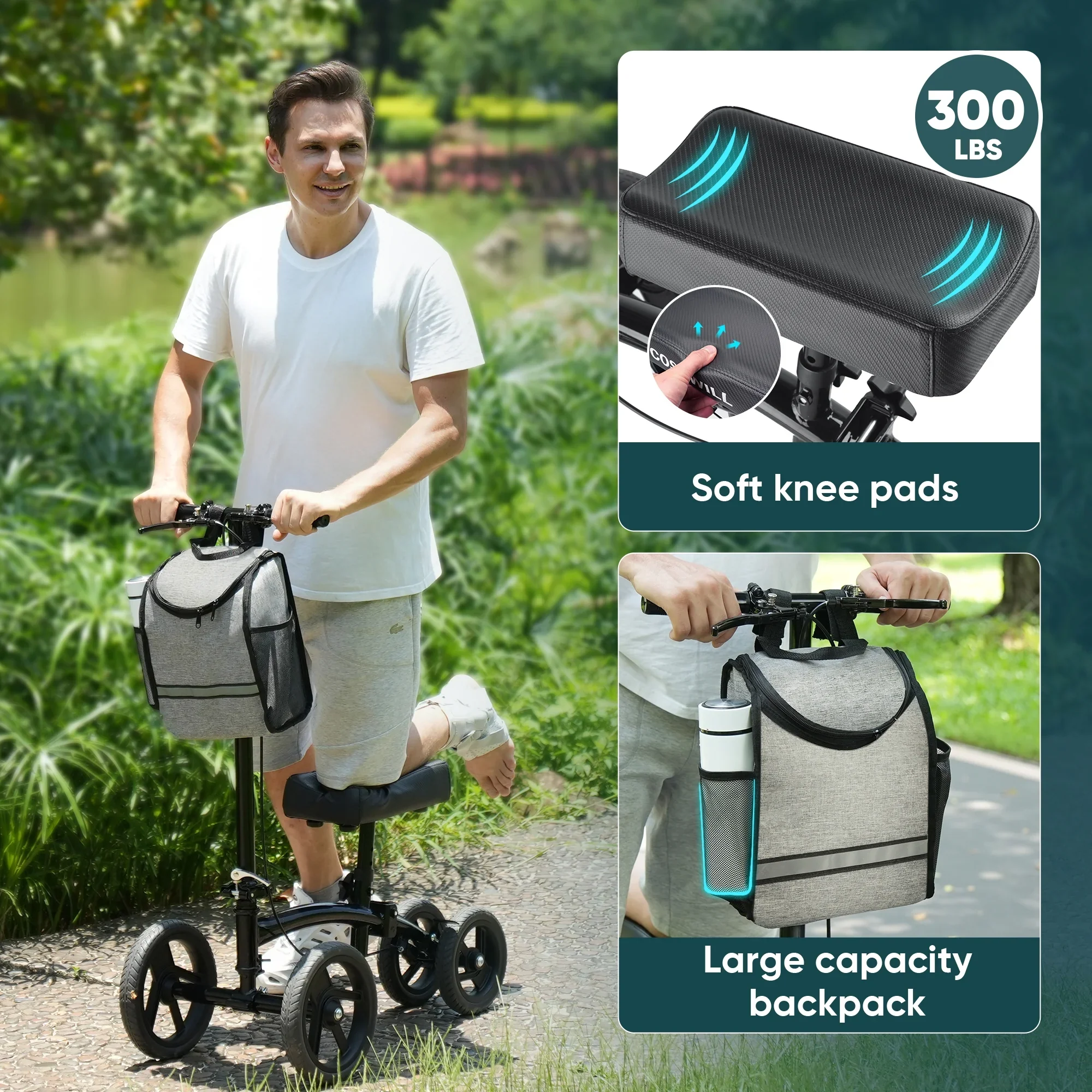 Steerable Knee Scooter, Walker, All Terrain Foldable Medical for Foot Injuries Crutches, Black - Image 5