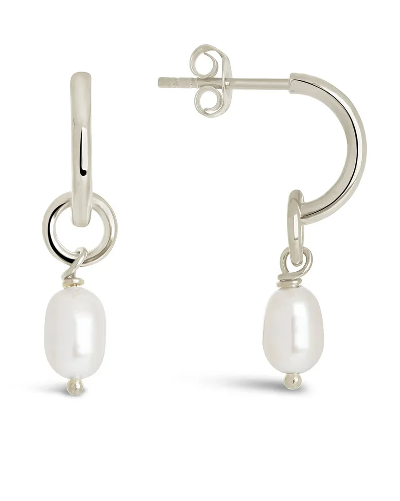 Sterling Silver Pearl Drop Hoop Earrings - Image 2