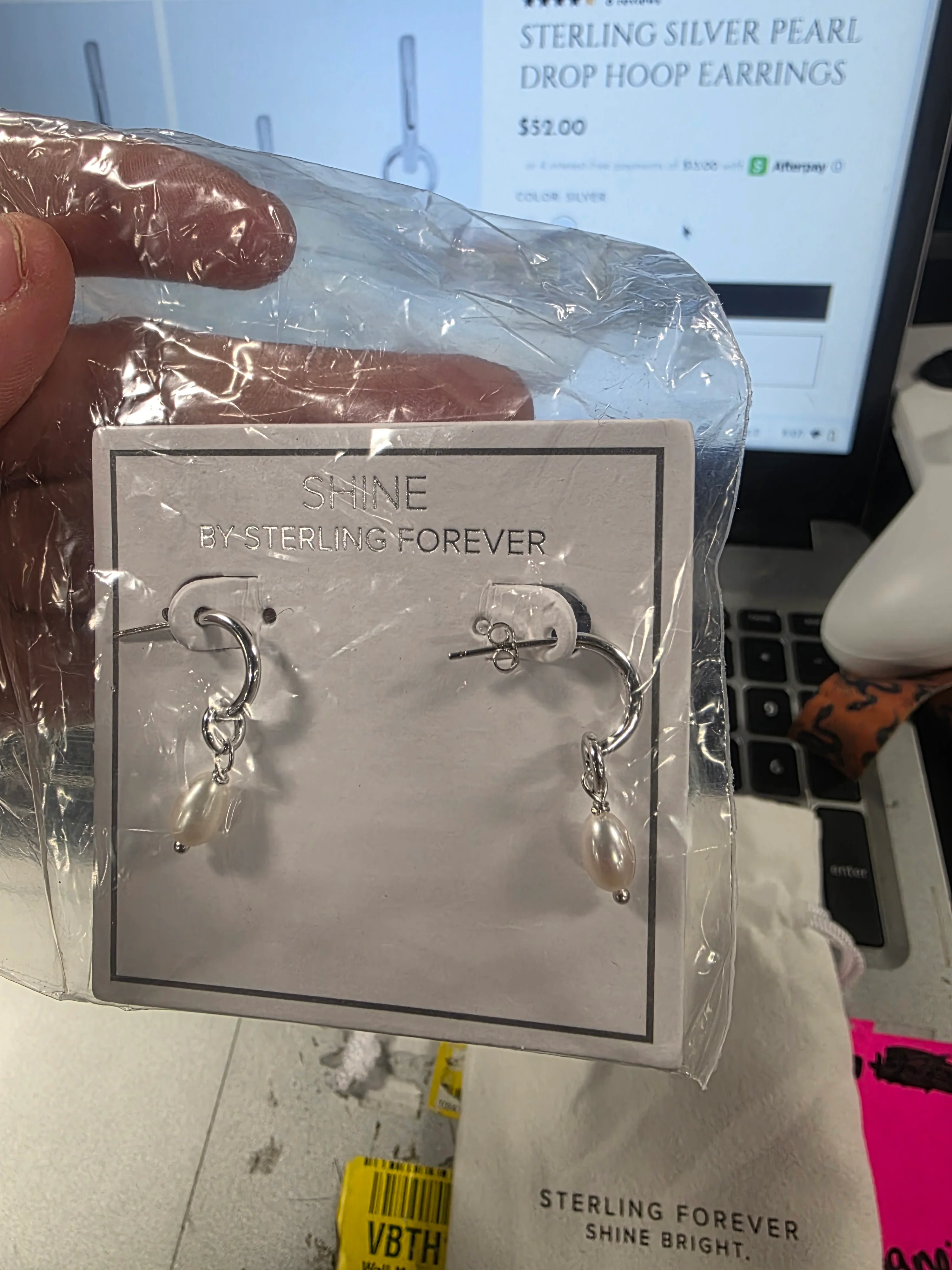 Sterling Silver Pearl Drop Hoop Earrings - Image 4