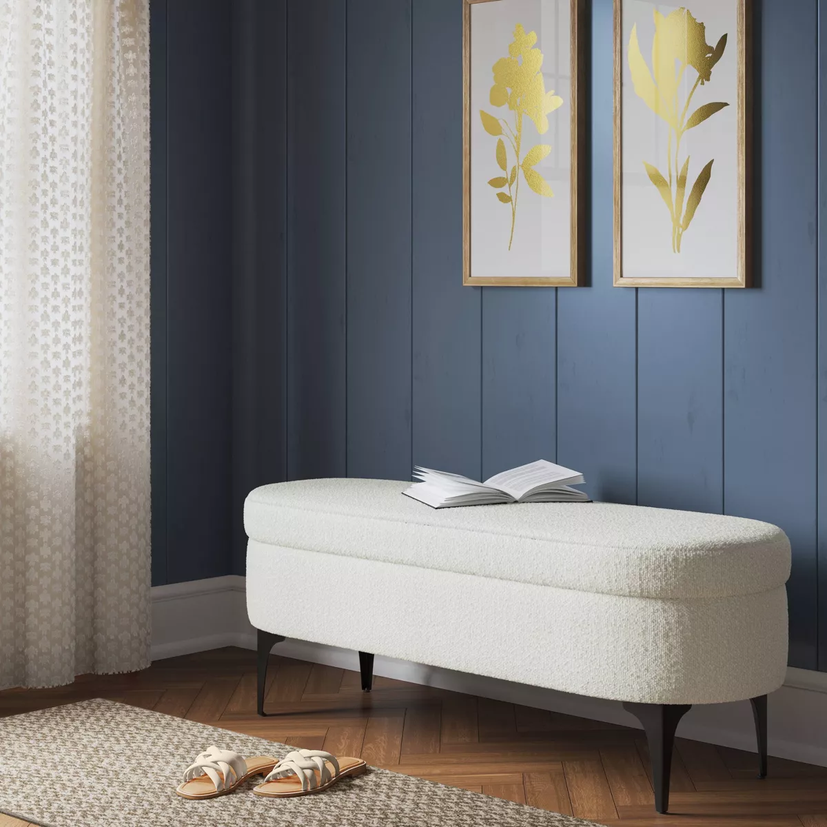 Storage Bench with Metal Legs - Cream Boucle SHOWROOM ITEM