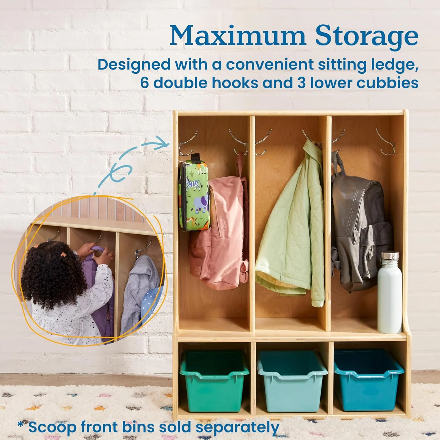 Streamline 3-Section Toddler Coat Locker with Bench, Classroom Furniture, Natural - Image 3