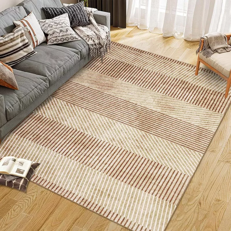 Striped Area Rug - Modern Low Pile, Non-Slip & Pet Friendly 10*13ft, Brown - Image 4