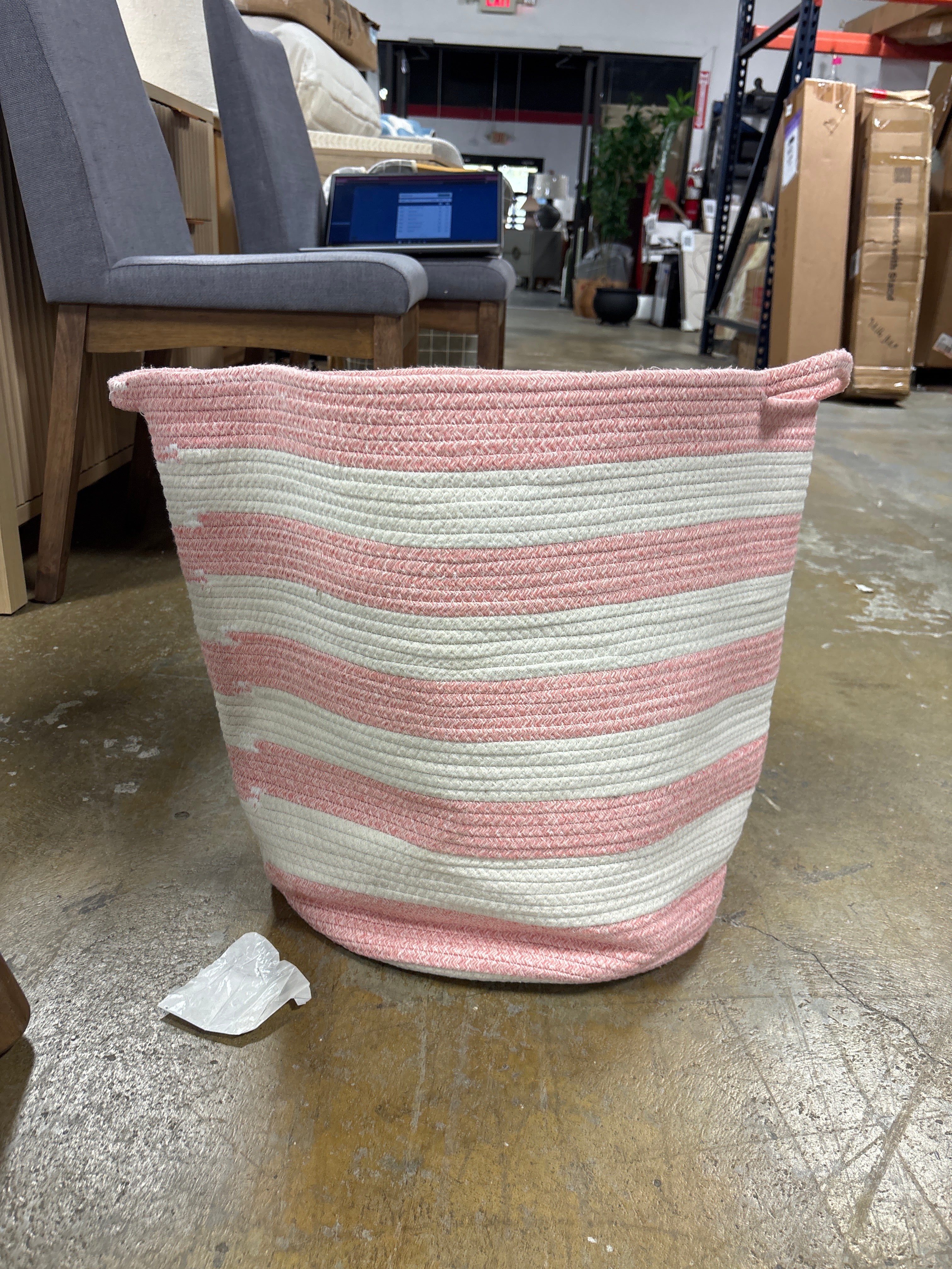 Striped Coiled Kids' Rope Basket - Pink/White SHOWROOM ITEM - Image 2