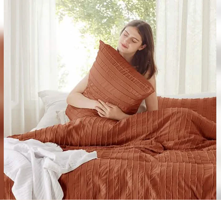 Striped Tufted Embroidery Duvet Cover Set - Queen - Terracotta - Image 3