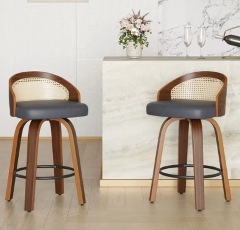 Swivel Bar Stools - Mid-Century Modern Rattan Back PU Leather Stools With Footrest, Industrial Counter Height Chairs For Kitchen Counter SHOWROOM ITEM