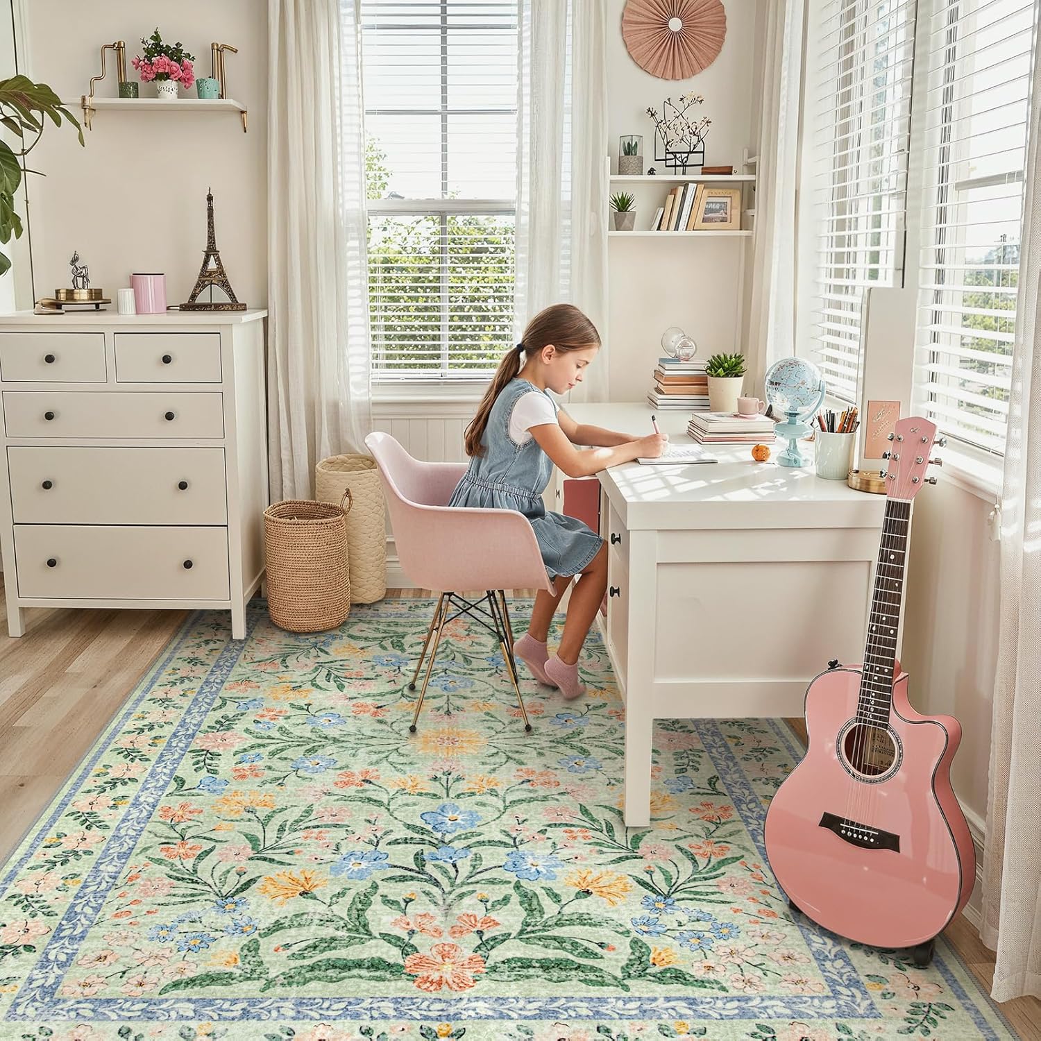 Sylvie Boho Light Green Large Area Rugs 9x12, Floral Tea Green - Image 5