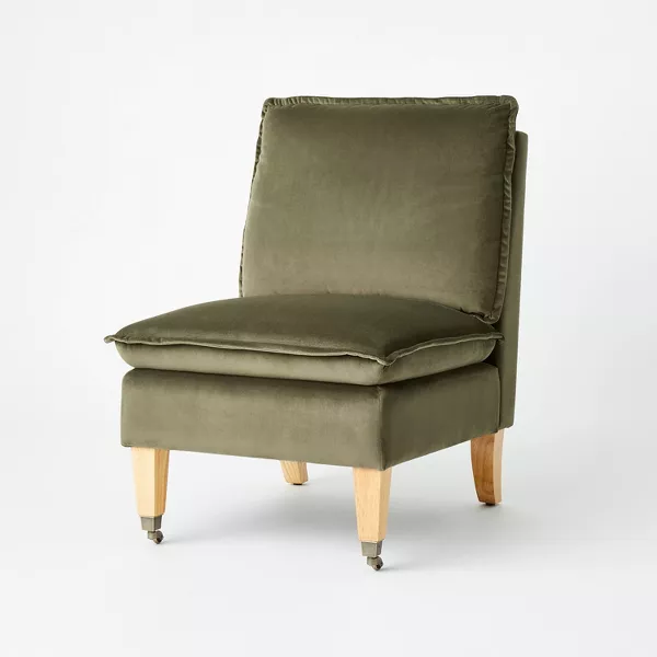 Talbert Pillow Top Slipper Chair with Casters - Olive Green Velvet SHOWROOM ITEM