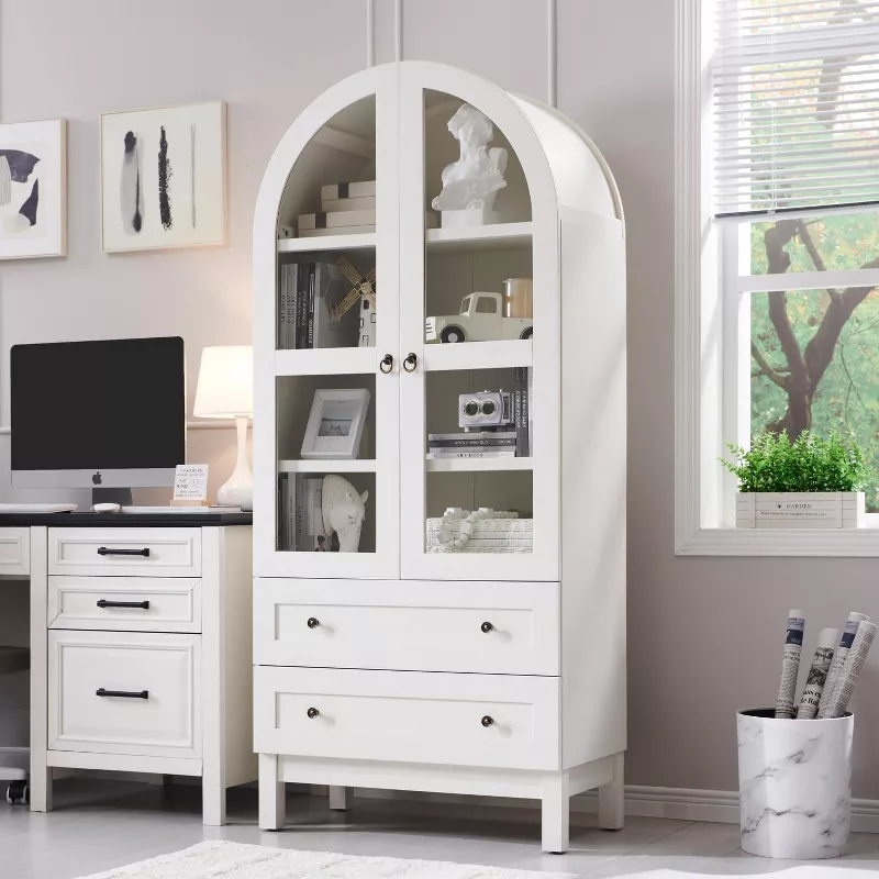 Tall Arched Pantry Cabinet with 2 Drawers & Adjustable Shelves & glass doors, Modern Farmhouse kitchen Storage Cabinet