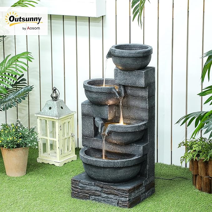 Outdoor Water Fountain with LED Lights, 4-Tier Resin Cascading Bowls Waterfall Fountain - Image 2