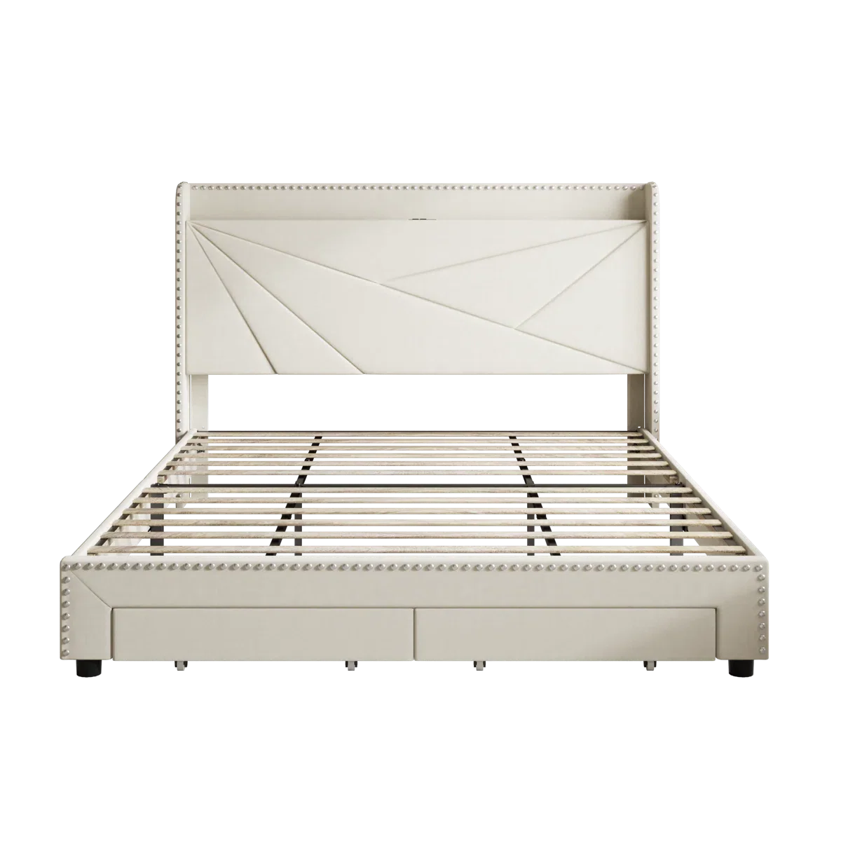 Tata Velvet Upholstered Platform Bed Frame With Headboard, Charging Station and Storage Drawer - King - Image 2