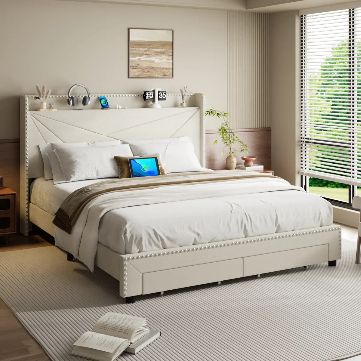 Tata Velvet Upholstered Platform Bed Frame With Headboard, Charging Station and Storage Drawer - King - Image 3