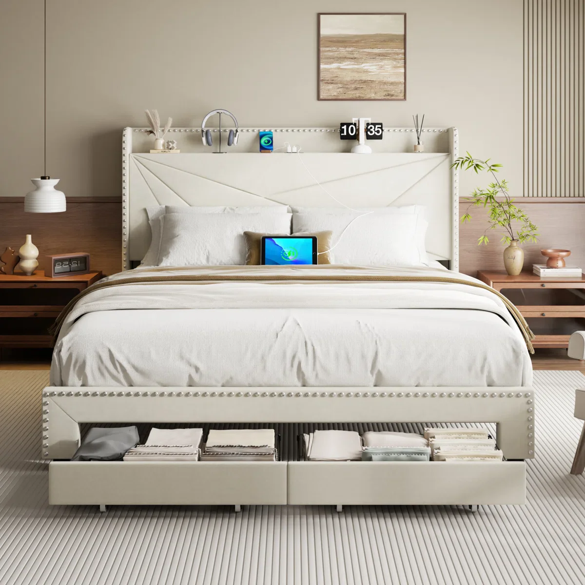 Tata Velvet Upholstered Platform Bed Frame With Headboard, Charging Station and Storage Drawer - King - Image 4