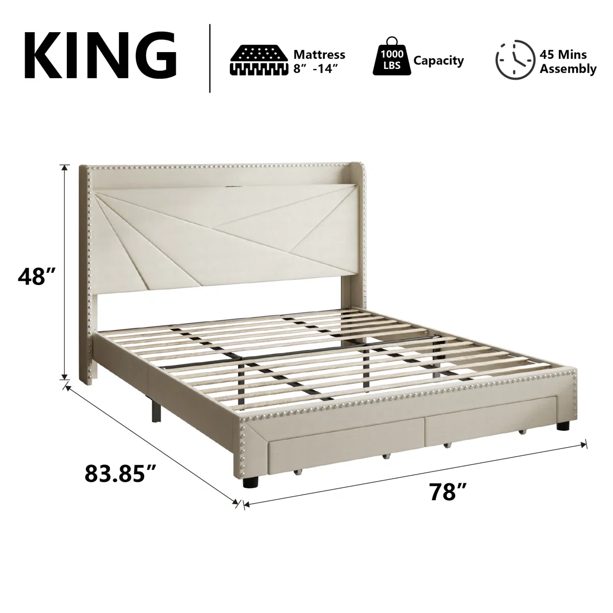 Tata Velvet Upholstered Platform Bed Frame With Headboard, Charging Station and Storage Drawer - King - Image 5