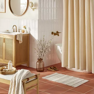Textured Windowpane Shower Curtain Beige: Cotton Blend, Dobby Weave - Image 3