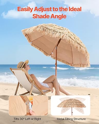 Tiki Umbrella, Thatched Patio with Tilt, Hawaiian Style Beach Parasol - Image 4