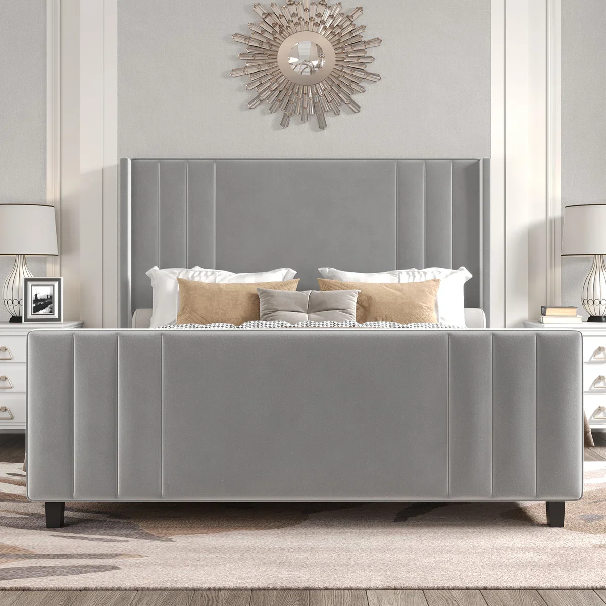Tole Velvet Upholstered Platform Bed with Vertical Channel Tufted Headboard Queen