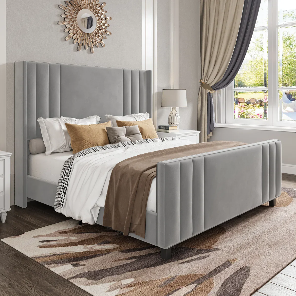 Tole Velvet Upholstered Platform Bed with Vertical Channel Tufted Headboard Queen - Image 3