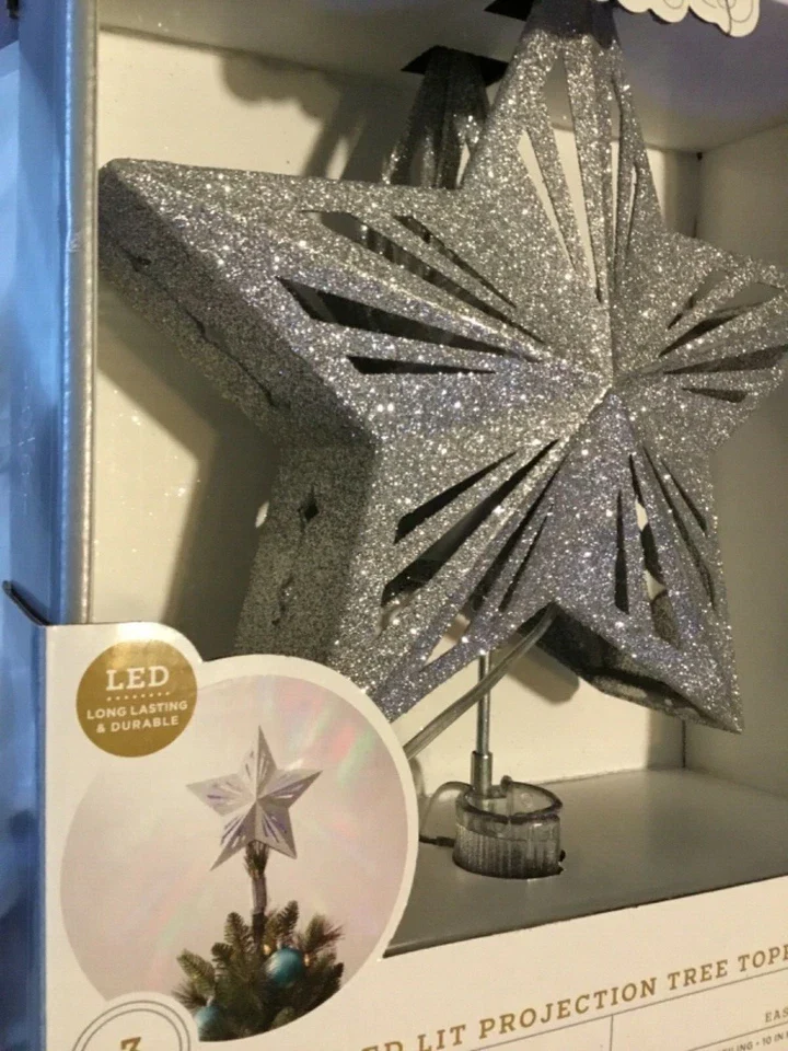 Tree Topper Christmas LED Lit Projection Lights Silver Glitter Star, final cut - Image 4