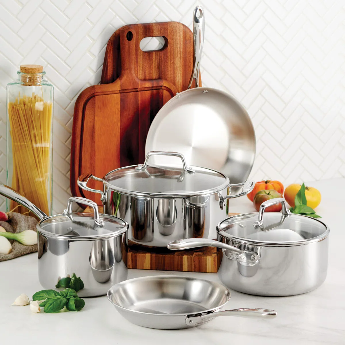 Tri-Ply Clad 8 Pc Stainless Steel Cookware Set with Glass Lids - Image 2