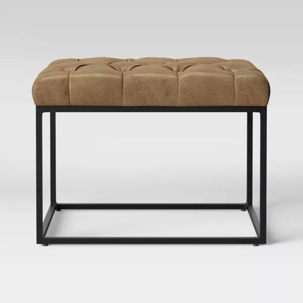 Trubeck Tufted Metal Base Ottoman Faux Leather Brown - Padded Footstool - Image 3