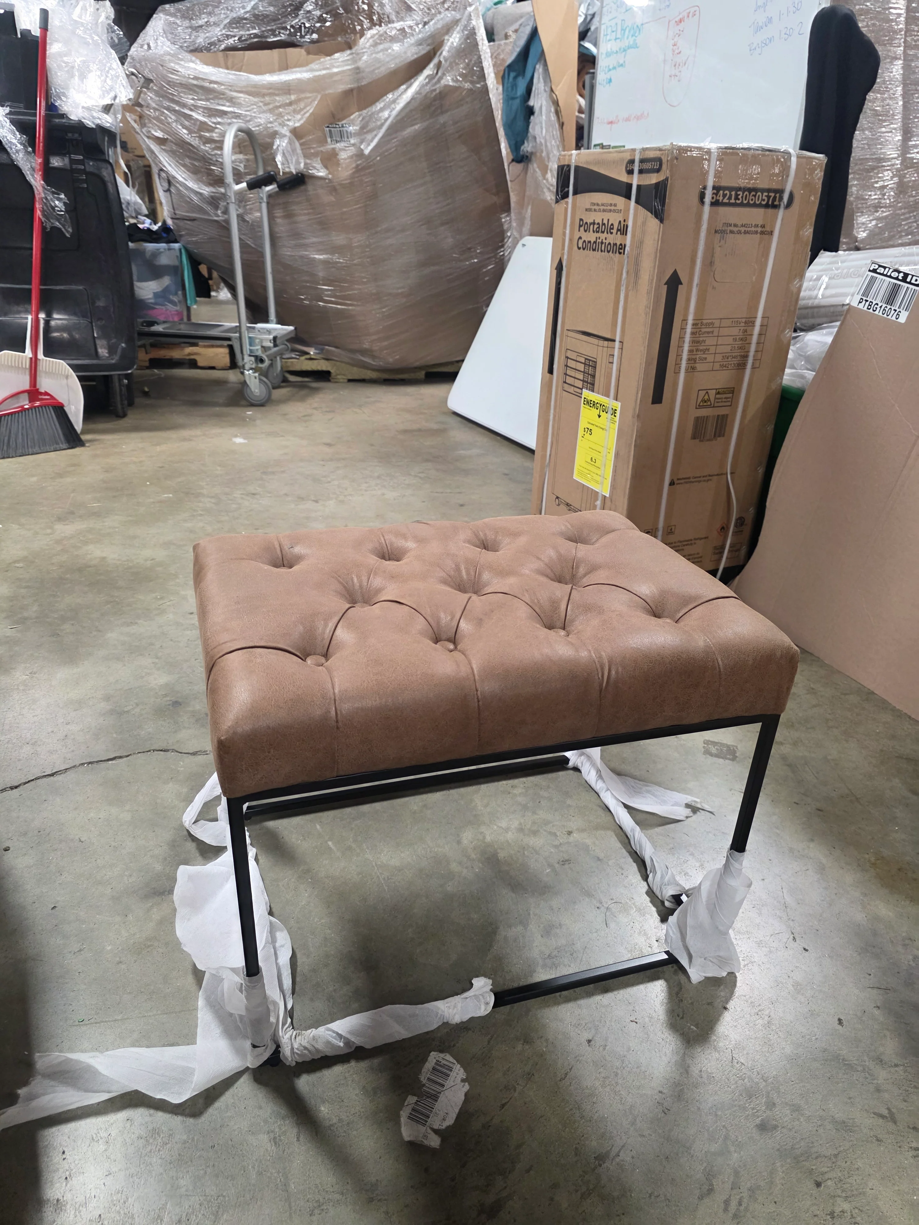 Trubeck Tufted Metal Base Ottoman Faux Leather Brown - Padded Footstool - Image 5