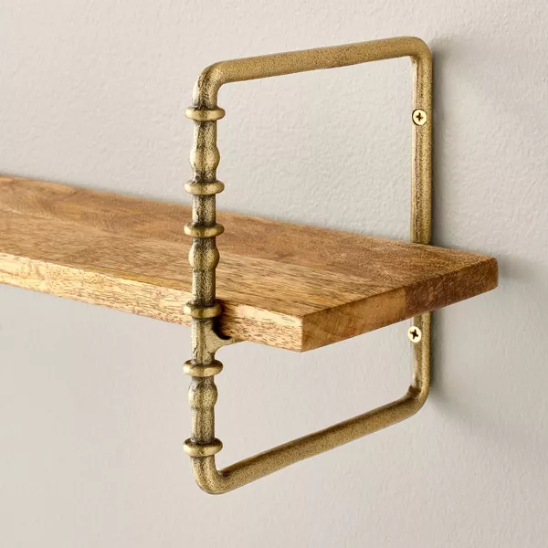 Turned Brass and Wood Wall Shelf - Image 2